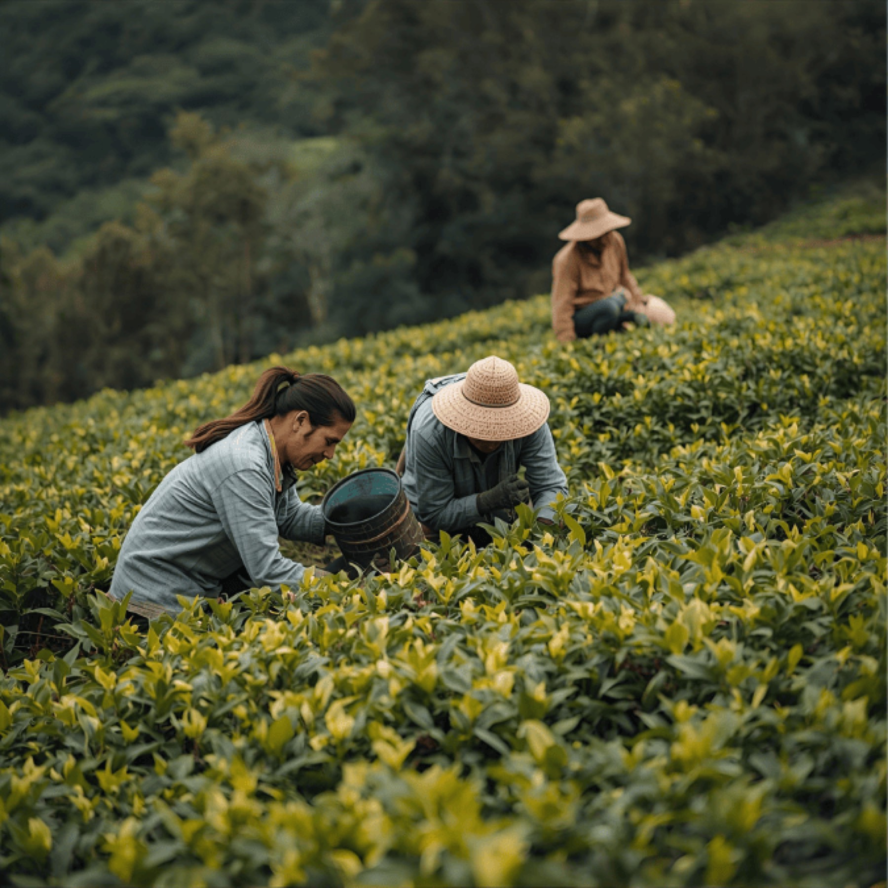 Pluckers picking tea on a hillside